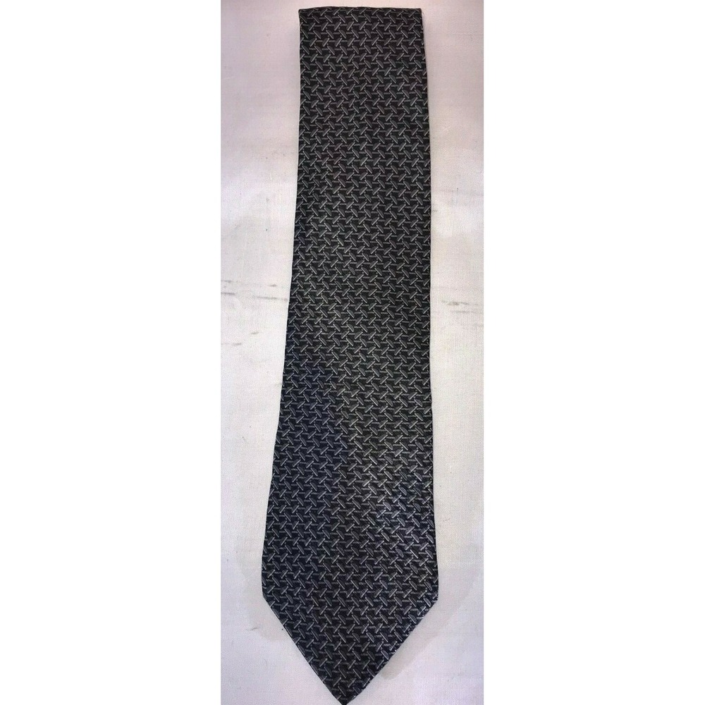 NOS DKNY Black Silver Grey Geometric Pattern 100%‎ Silk Neck Tie 58" Length